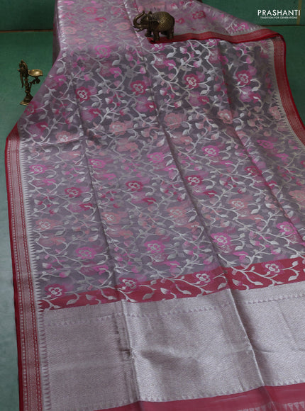 Kora jamdhani silk saree pastel lavender shade and red with allover silver woven jamdhani weaves and zari woven border