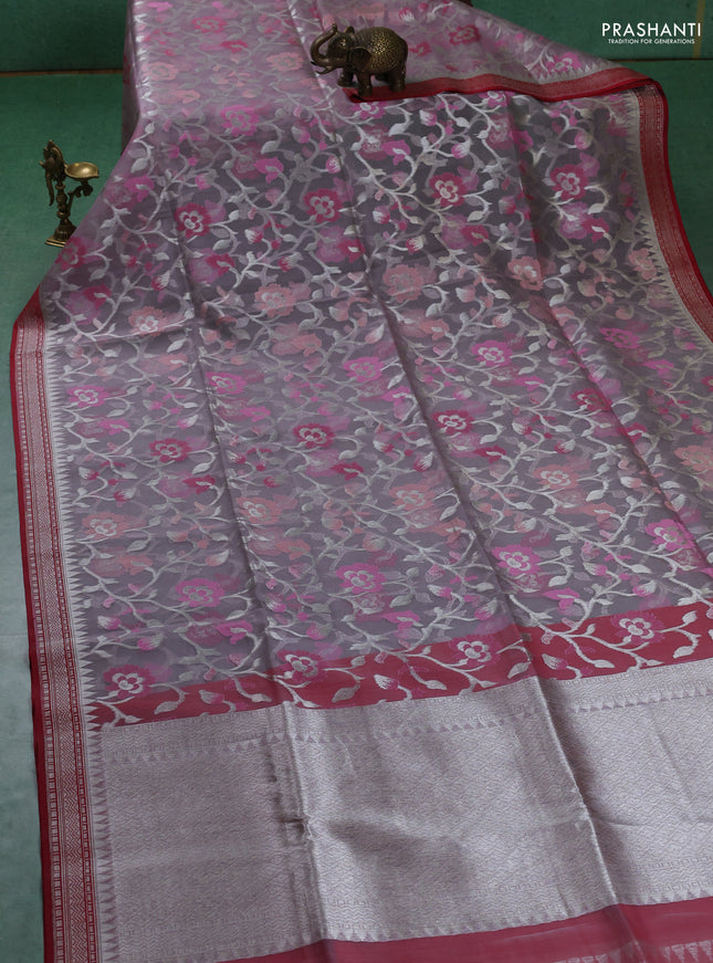 Kora jamdhani silk saree pastel lavender shade and red with allover silver woven jamdhani weaves and zari woven border