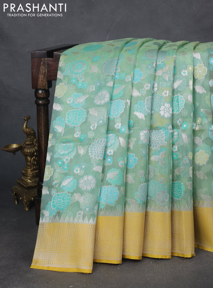 Kora jamdhani silk saree teal green and yellow with allover silver woven jamdhani weaves and zari woven border
