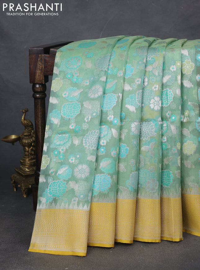 Kora jamdhani silk saree teal green and yellow with allover silver woven jamdhani weaves and zari woven border
