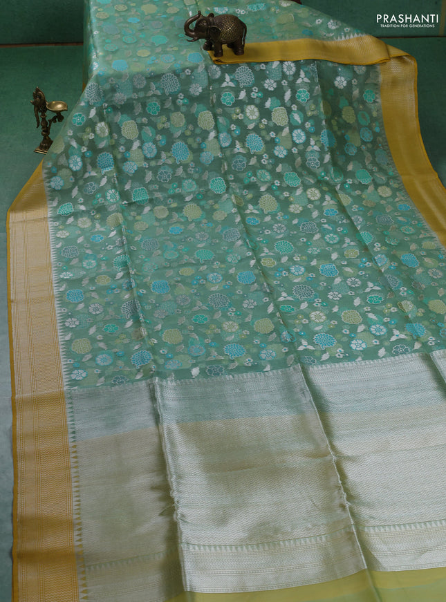 Kora jamdhani silk saree teal green and yellow with allover silver woven jamdhani weaves and zari woven border