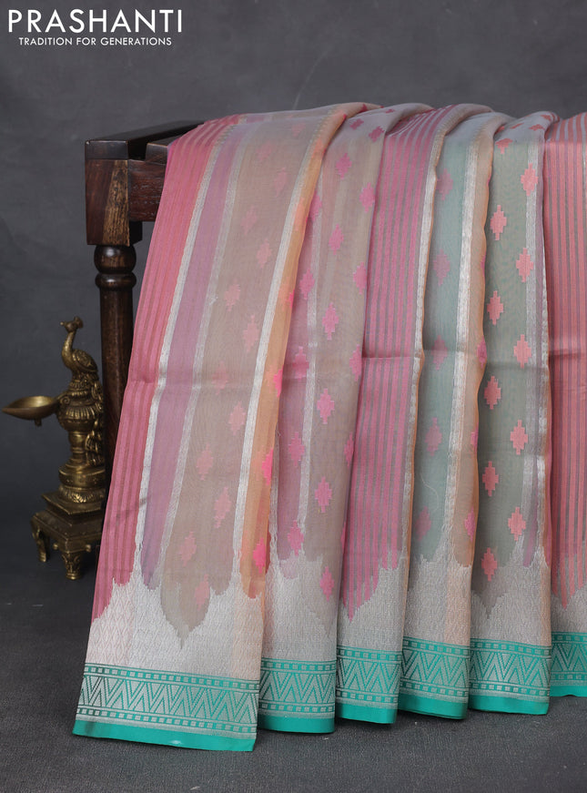 Kora jamdhani silk saree peach shade and teal green shade with allover jamdhani weaves and zari woven border