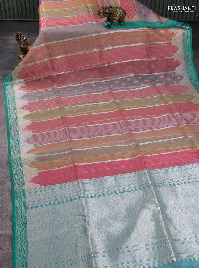Kora jamdhani silk saree peach shade and teal green shade with allover jamdhani weaves and zari woven border
