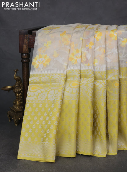 Kora jamdhani silk saree cream and yellow with allover jamdhani weaves and long silver zari woven border