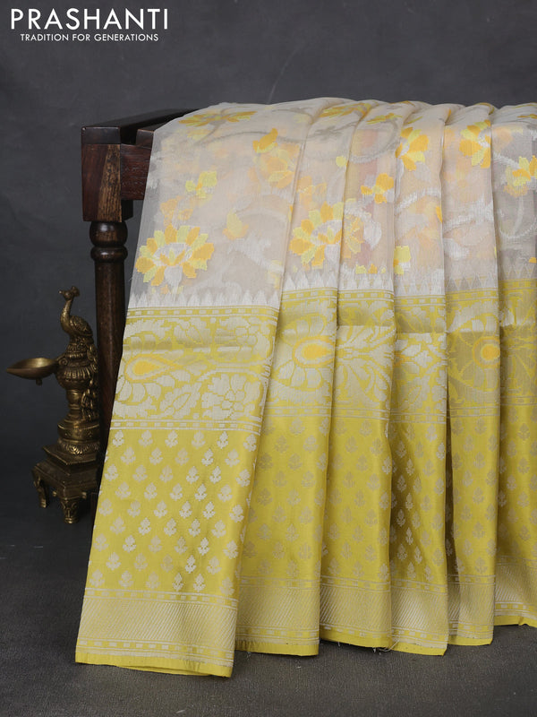 Kora jamdhani silk saree cream and yellow with allover jamdhani weaves and long silver zari woven border