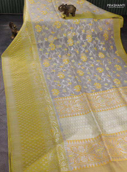 Kora jamdhani silk saree cream and yellow with allover jamdhani weaves and long silver zari woven border