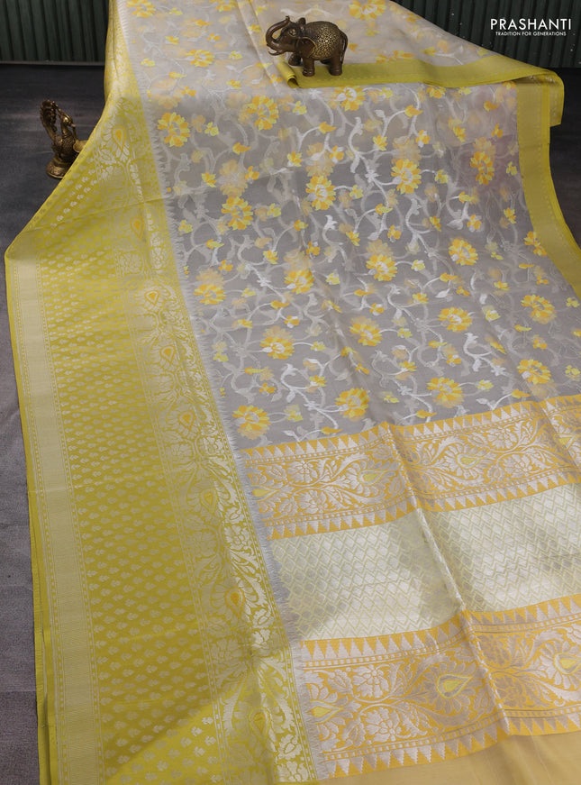 Kora jamdhani silk saree cream and yellow with allover jamdhani weaves and long silver zari woven border