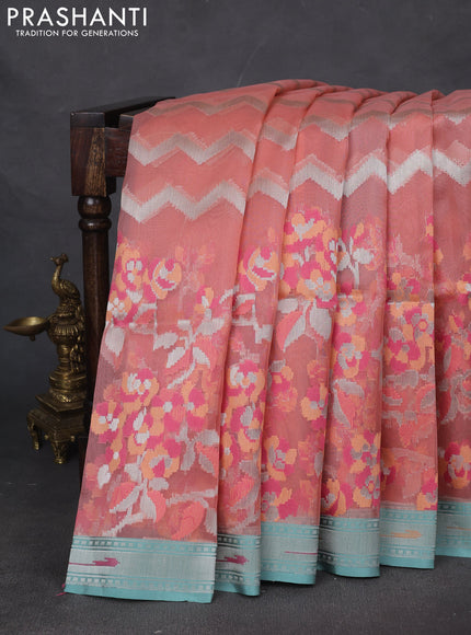 Kora jamdhani silk saree peach shade and teal blue with allover jamdhani weaves and zari woven border