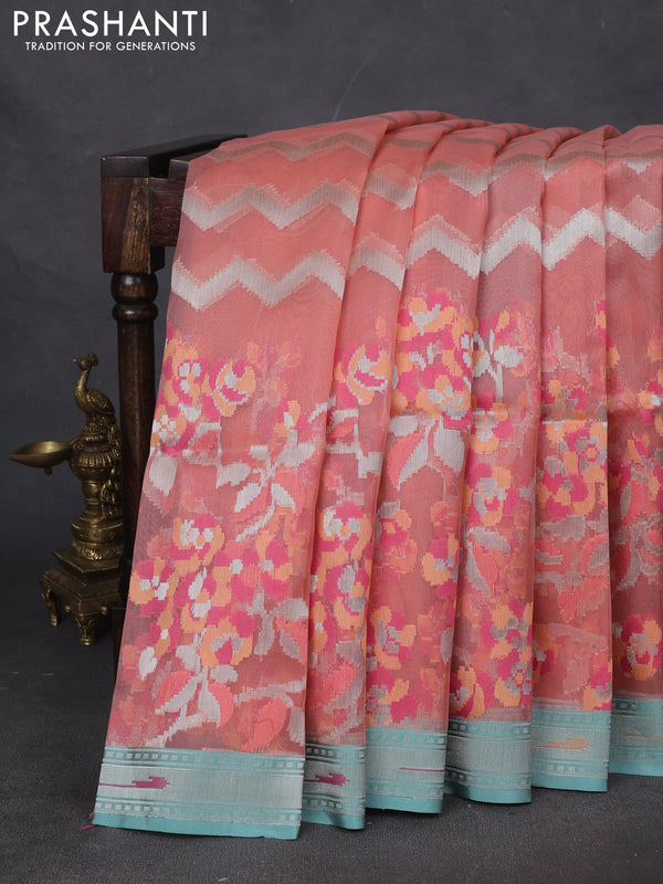 Kora jamdhani silk saree peach shade and teal blue with allover jamdhani weaves and zari woven border