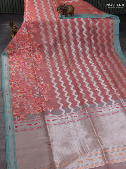 Kora jamdhani silk saree peach shade and teal blue with allover jamdhani weaves and zari woven border