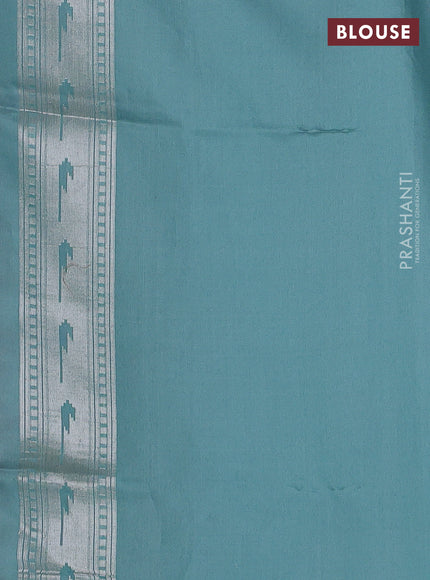Kora jamdhani silk saree peach shade and teal blue with allover jamdhani weaves and zari woven border