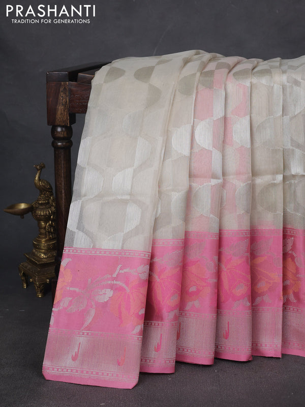 Kora jamdhani silk saree cream and pink with allover jamdhani weaves and long silver zari woven border