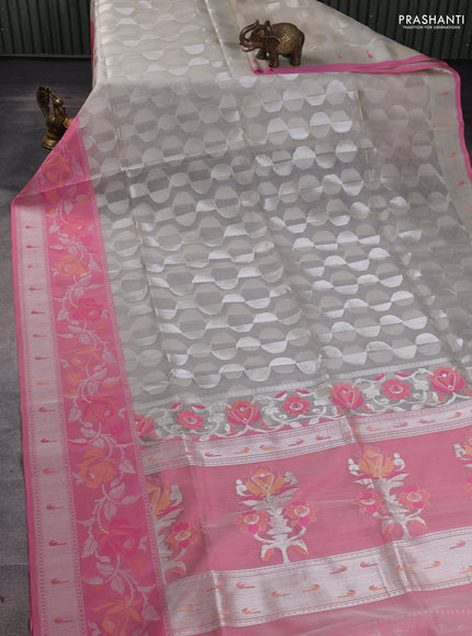 Kora jamdhani silk saree cream and pink with allover jamdhani weaves and long silver zari woven border