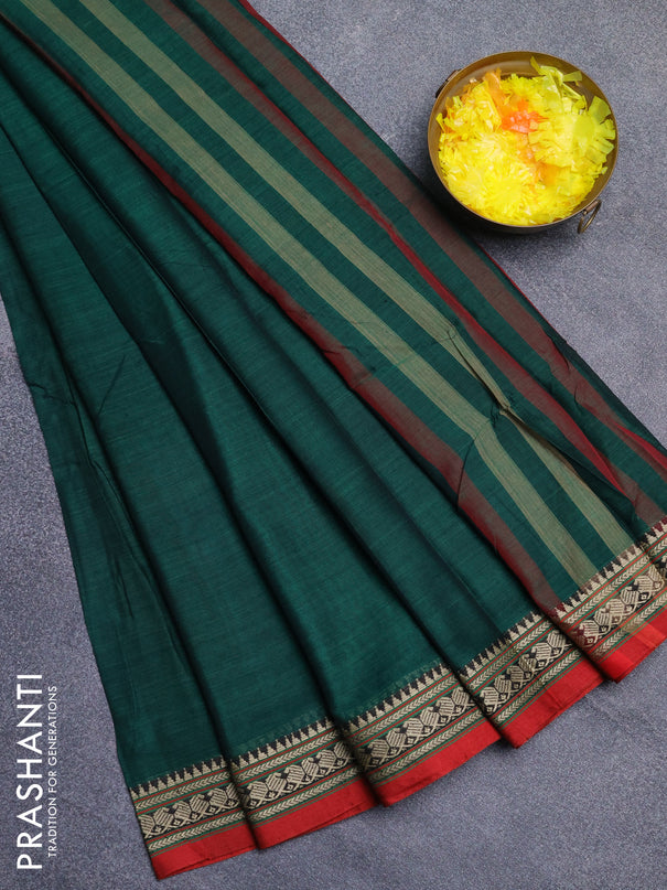 Narayanpet cotton saree green and maroon with plain body and thread woven border