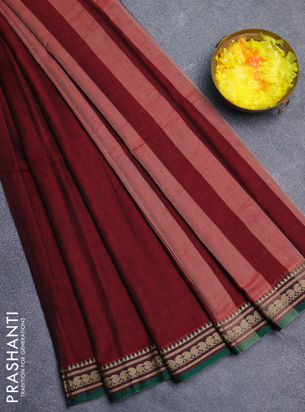 Narayanpet cotton saree deep wine shade and green with plain body and thread woven border