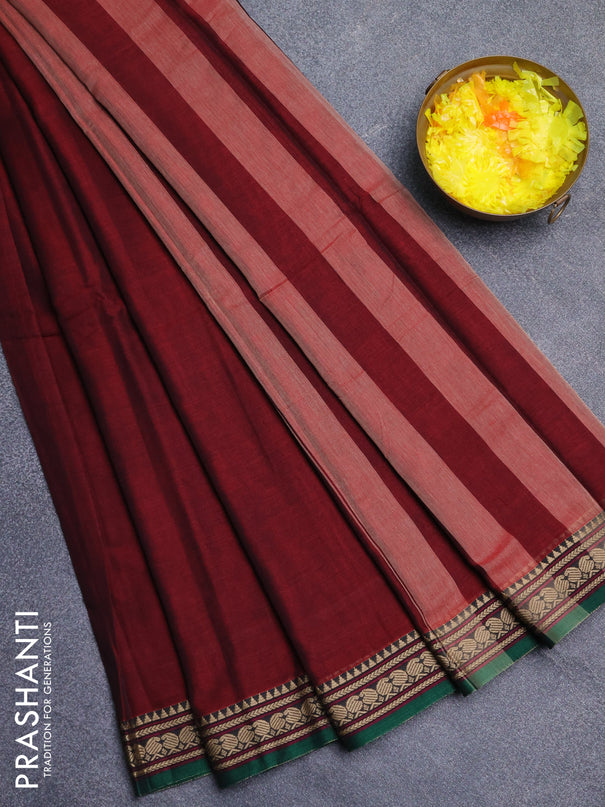 Narayanpet cotton saree deep wine shade and green with plain body and thread woven border