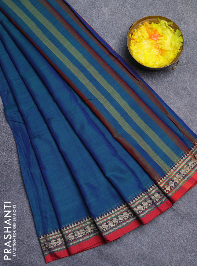 Narayanpet cotton saree dual shade of bluish green and maroon with plain body and thread woven border