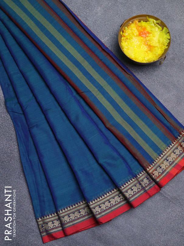 Narayanpet cotton saree dual shade of bluish green and maroon with plain body and thread woven border