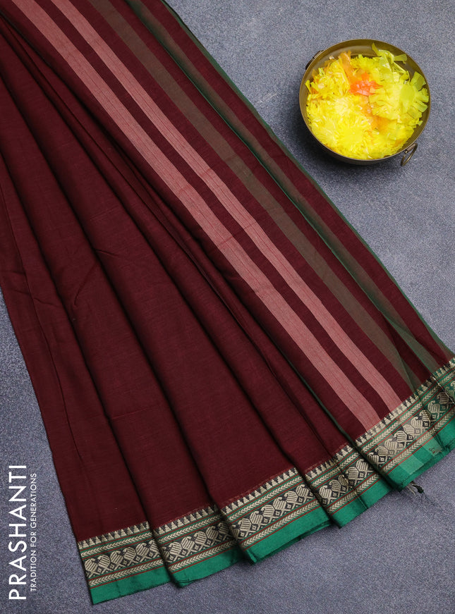 Narayanpet cotton saree maroon and green with plain body and thread woven border