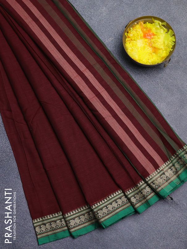 Narayanpet cotton saree maroon and green with plain body and thread woven border
