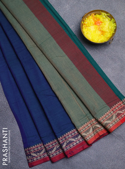 Narayanpet cotton saree dual shade of bluish green and maroon with plain body and thread woven border