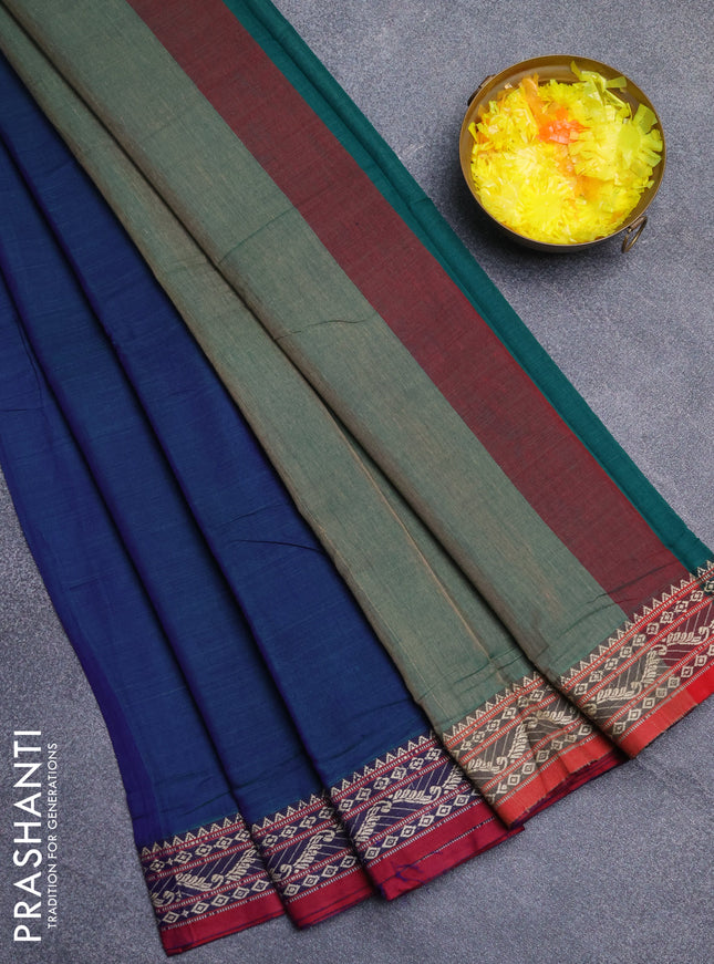 Narayanpet cotton saree dual shade of bluish green and maroon with plain body and thread woven border