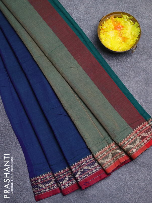 Narayanpet cotton saree dual shade of bluish green and maroon with plain body and thread woven border