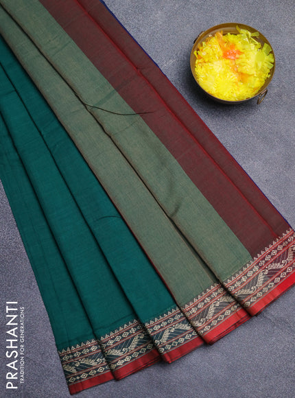 Narayanpet cotton saree green and maroon with plain body and thread woven border
