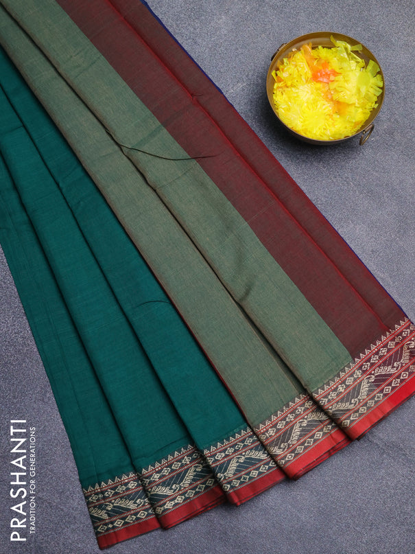 Narayanpet cotton saree green and maroon with plain body and thread woven border