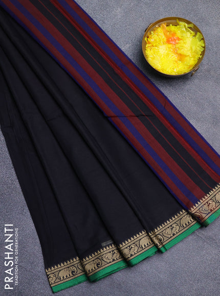 Narayanpet cotton saree black and green with plain body and thread woven border