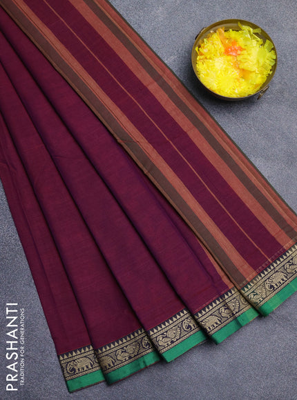 Narayanpet cotton saree purple and green with plain body and thread woven border