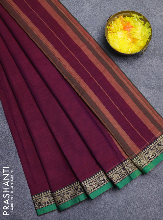 Narayanpet cotton saree purple and green with plain body and thread woven border