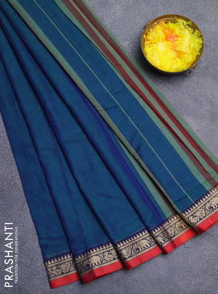 Narayanpet cotton saree dual shade of bluish green and red with plain body and thread woven border