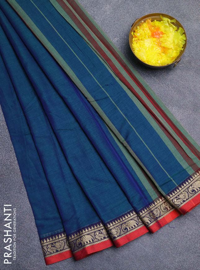 Narayanpet cotton saree dual shade of bluish green and red with plain body and thread woven border