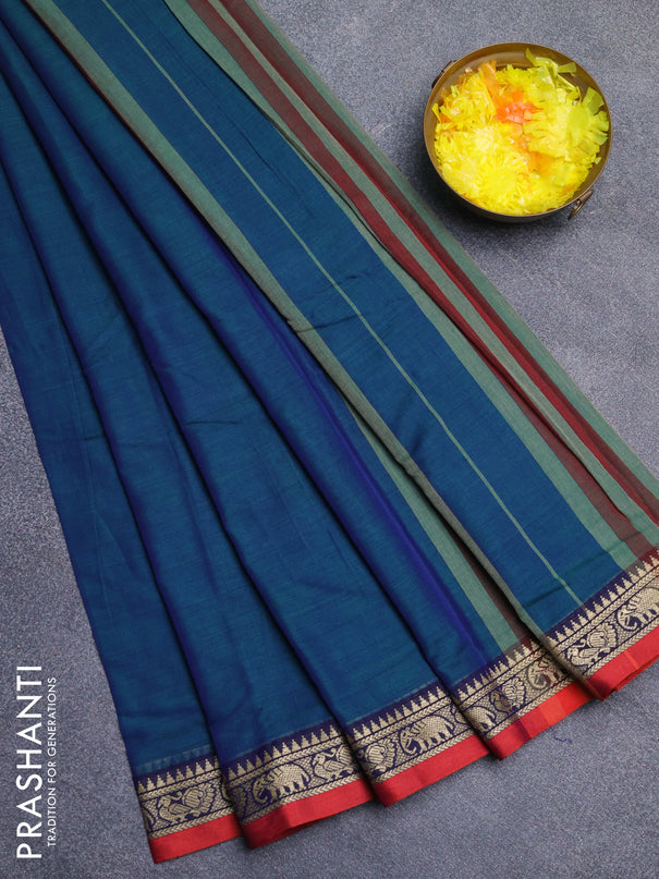 Narayanpet cotton saree dual shade of bluish green and red with plain body and thread woven border