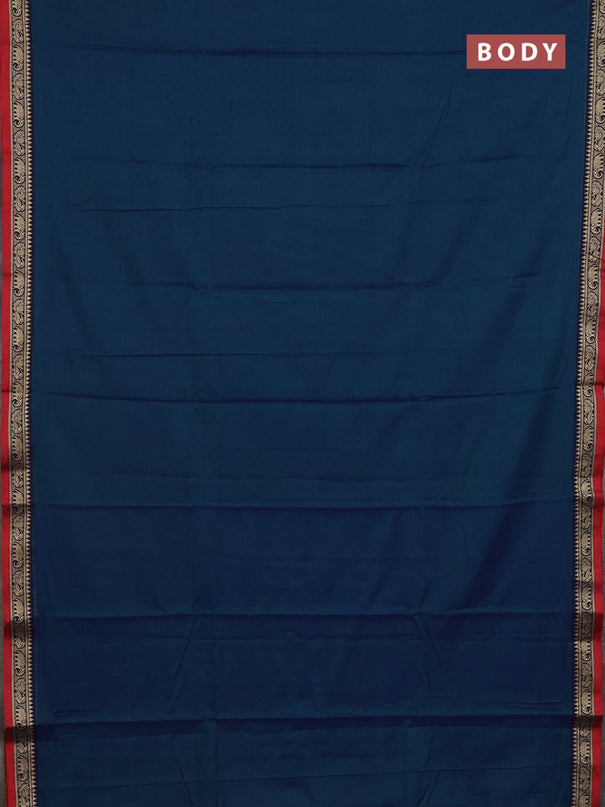 Narayanpet cotton saree dual shade of bluish green and red with plain body and thread woven border