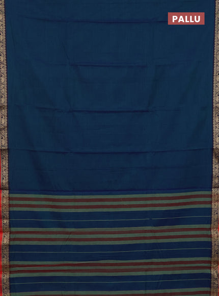 Narayanpet cotton saree dual shade of bluish green and red with plain body and thread woven border