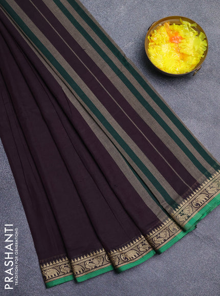 Narayanpet cotton saree coffee brown and green with plain body and thread woven border