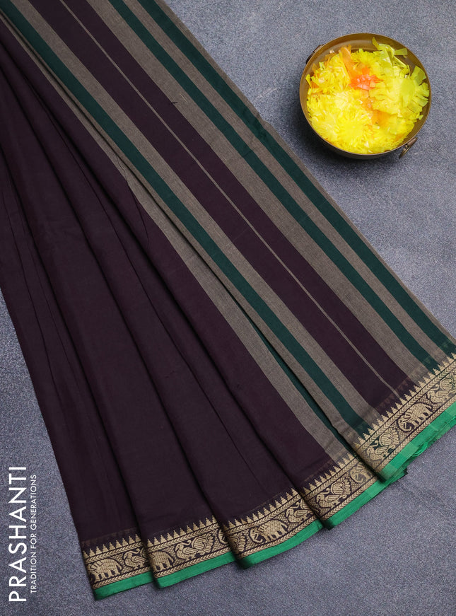 Narayanpet cotton saree coffee brown and green with plain body and thread woven border