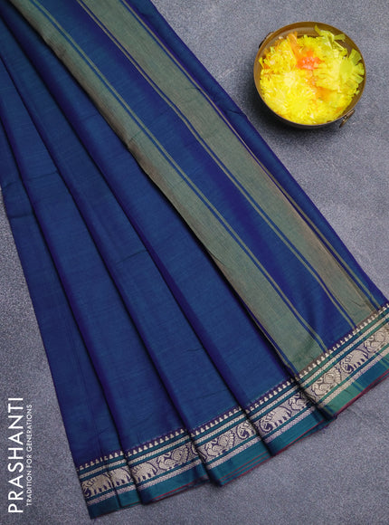 Narayanpet cotton saree dual shade of bluish green and green with plain body and thread woven border