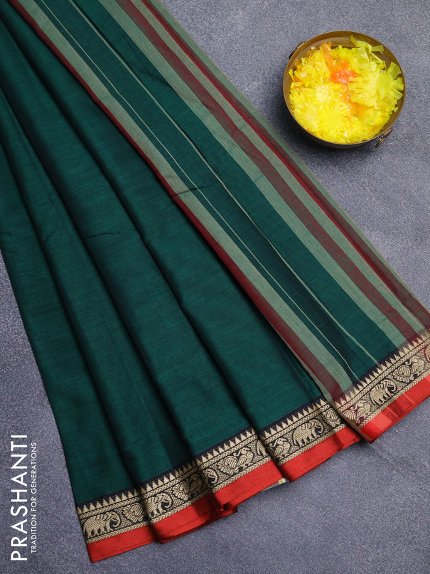 Narayanpet cotton saree green and maroon with plain body and thread woven border