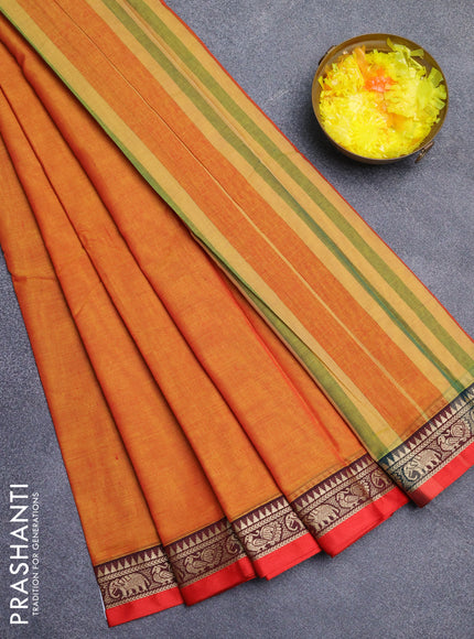 Narayanpet cotton saree sunset orange and red with plain body and thread woven border