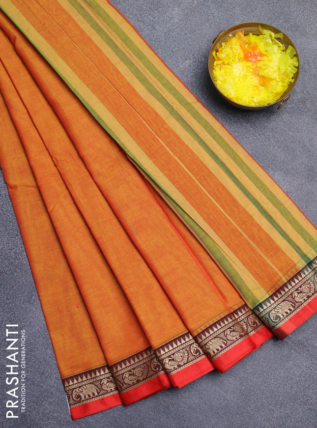 Narayanpet cotton saree sunset orange and red with plain body and thread woven border