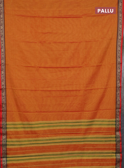 Narayanpet cotton saree sunset orange and red with plain body and thread woven border