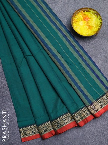 Narayanpet cotton saree green and rust shade with plain body and thread woven border