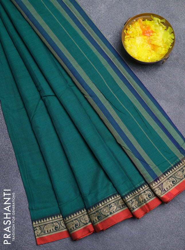 Narayanpet cotton saree green and rust shade with plain body and thread woven border