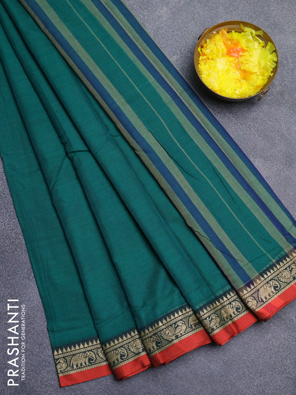 Narayanpet cotton saree green and rust shade with plain body and thread woven border