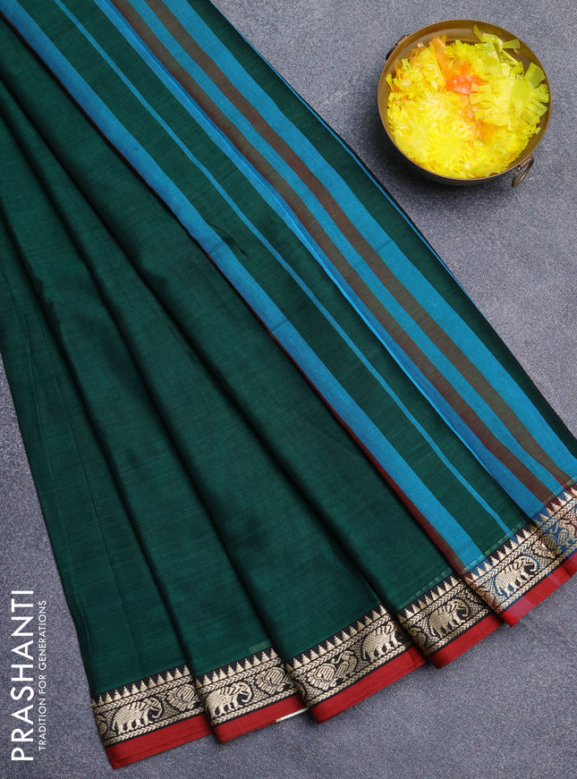 Narayanpet cotton saree green and maroon with plain body and thread woven border