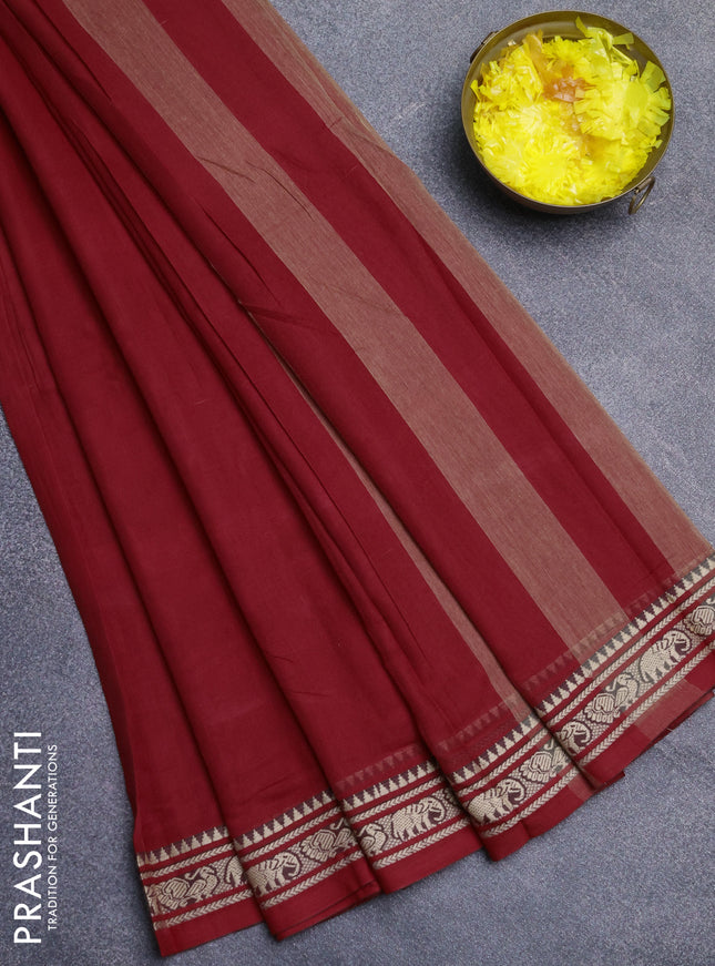 Narayanpet cotton saree red  with plain body and thread woven border