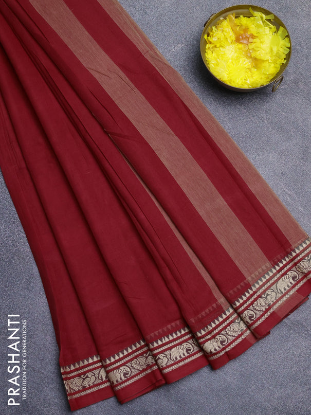 Narayanpet cotton saree red  with plain body and thread woven border